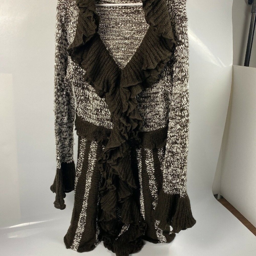 Sioni Cardigan L Brown & White Open Front Long